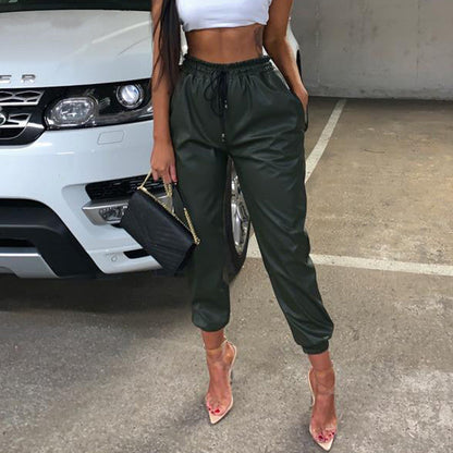 Women's Jogging Bottoms Soft Faux Leather Elastic