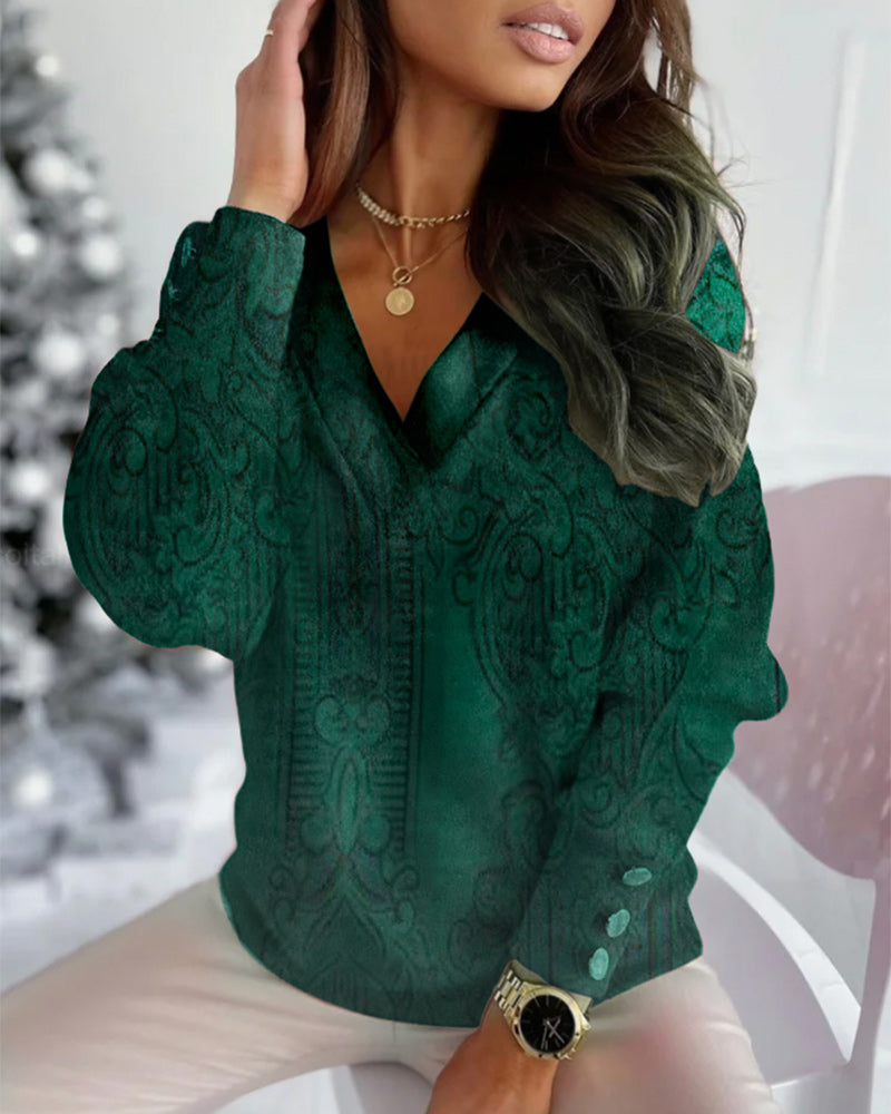 Casual Women's V-Neck Printed Long Sleeve Dress