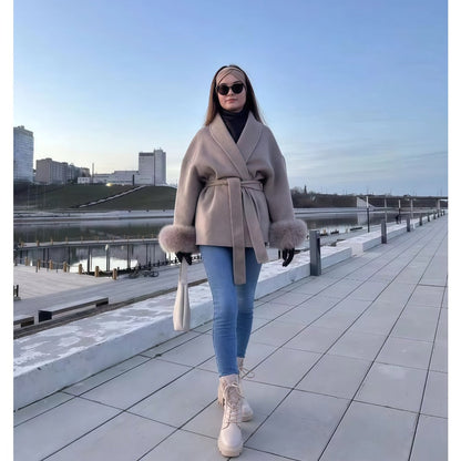 Women's Long Winter Coat with Belt and Faux Fur
