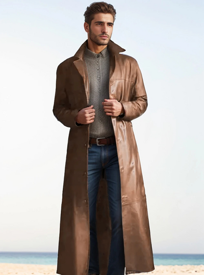 Elegant Men's Long Leather Coat