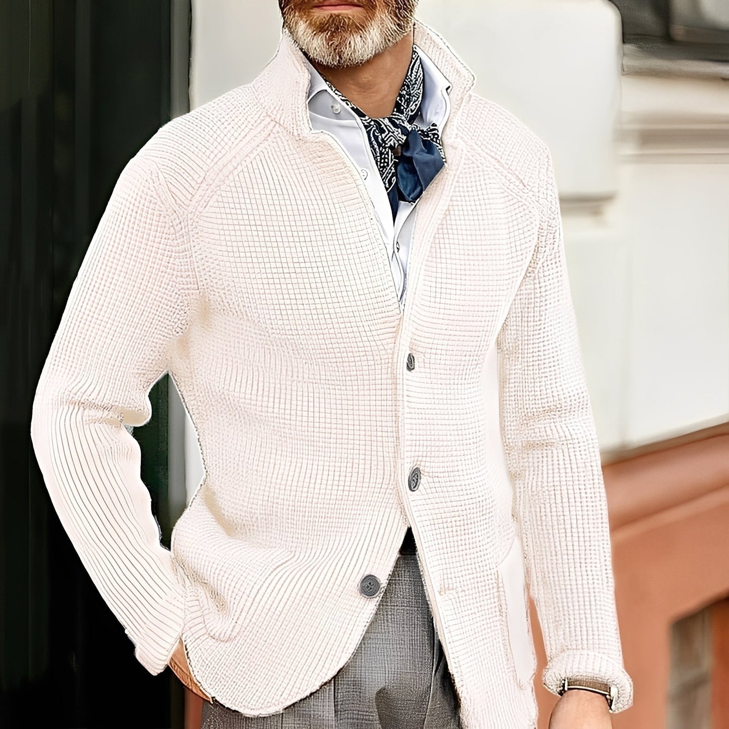 Stylish men's cardigan with stand-up collar