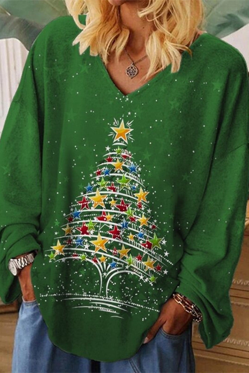 Christmas Tree Print Casual V-Neck Women's Top
