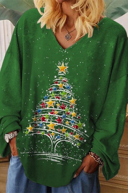 Christmas Tree Print Casual V-Neck Women's Top