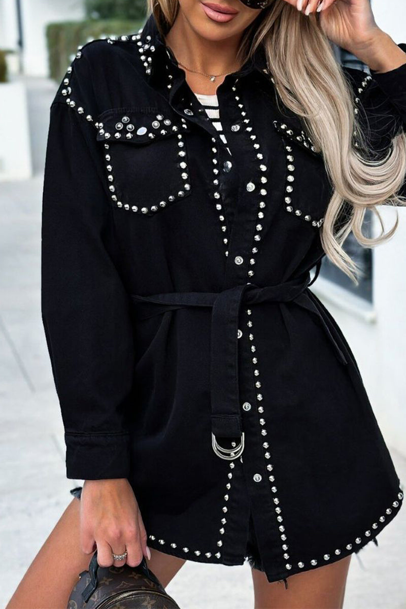 Punk Jeansjacke Einfarbig Nieten Kragen Lange Ärmel