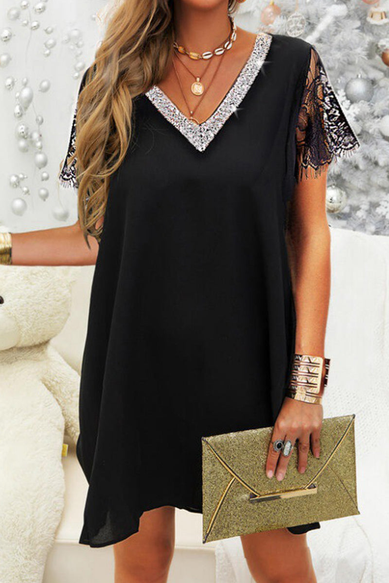 Elegant Lace Dress With Sequin V-Neck Short Sleeve