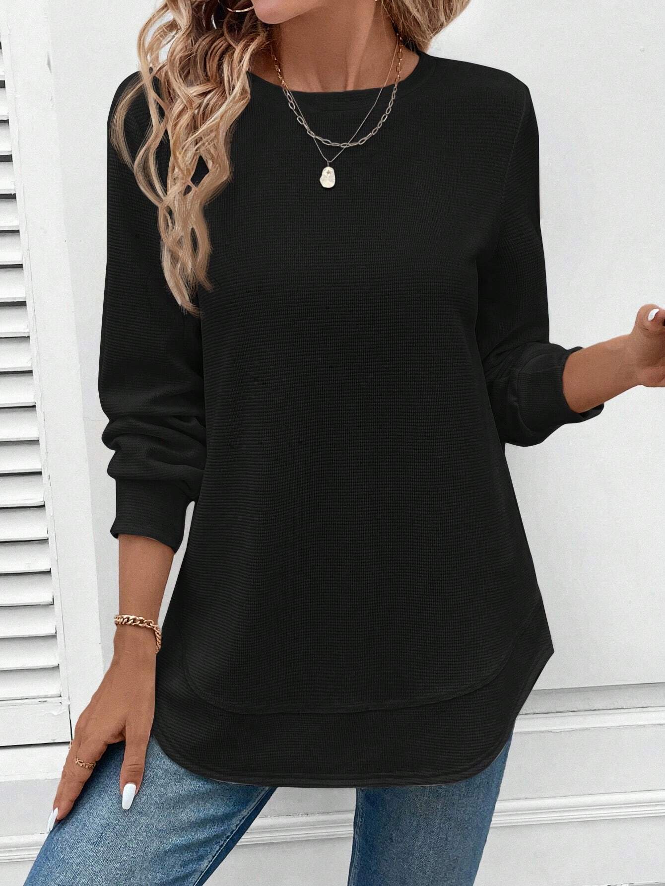 Elegant Women's Blouse Round Neck Long Sleeve Black