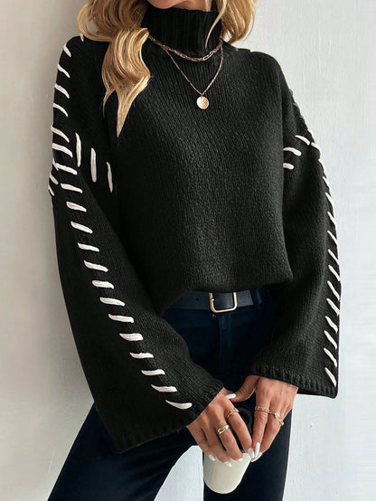 Women's Knitted Jumper Colourful Patchwork Turtleneck Model