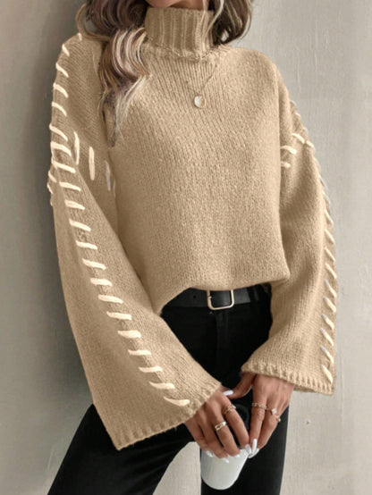 Women's Knitted Jumper Colourful Patchwork Turtleneck Model