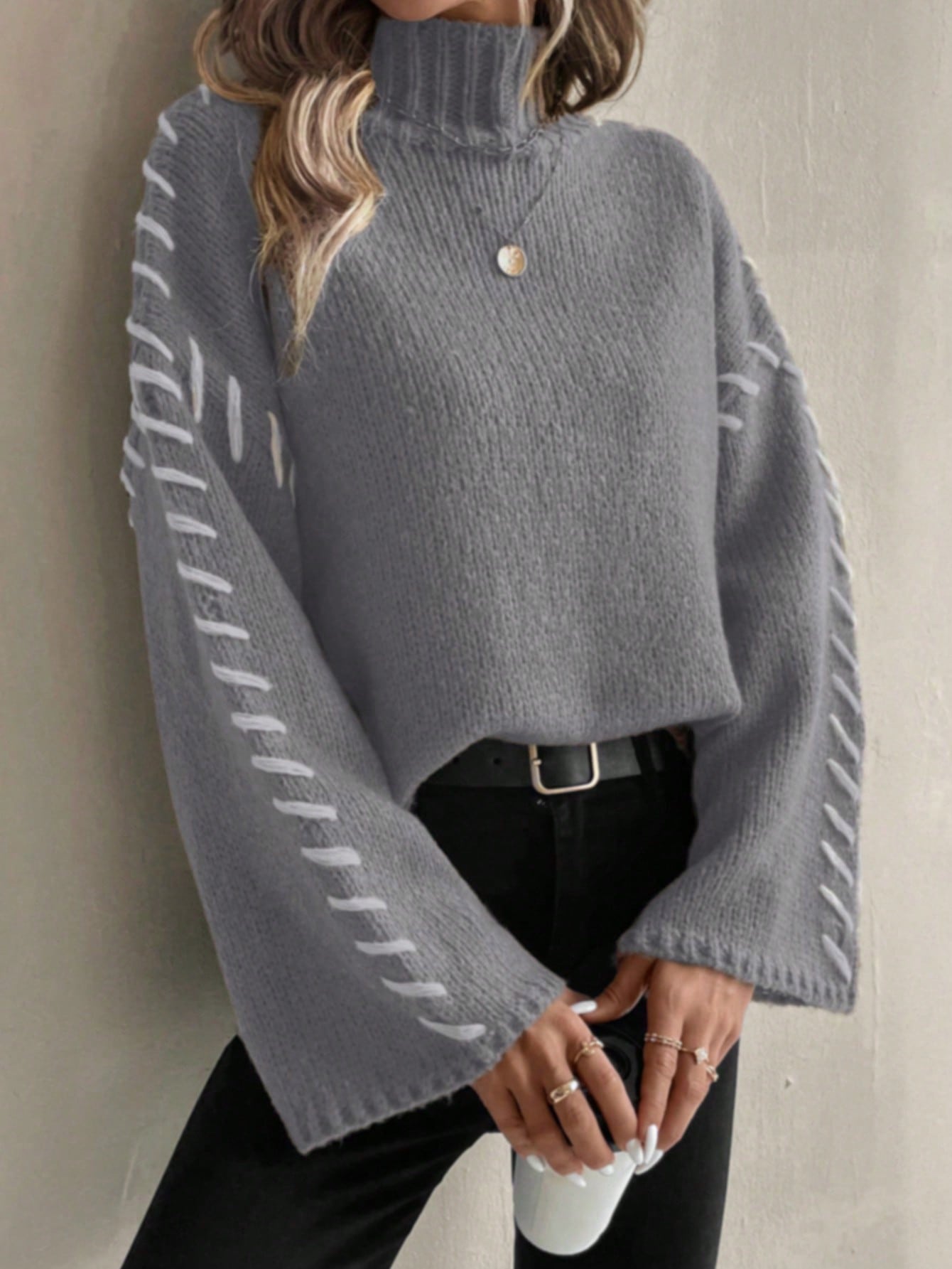 Women's Knitted Jumper Colourful Patchwork Turtleneck Model