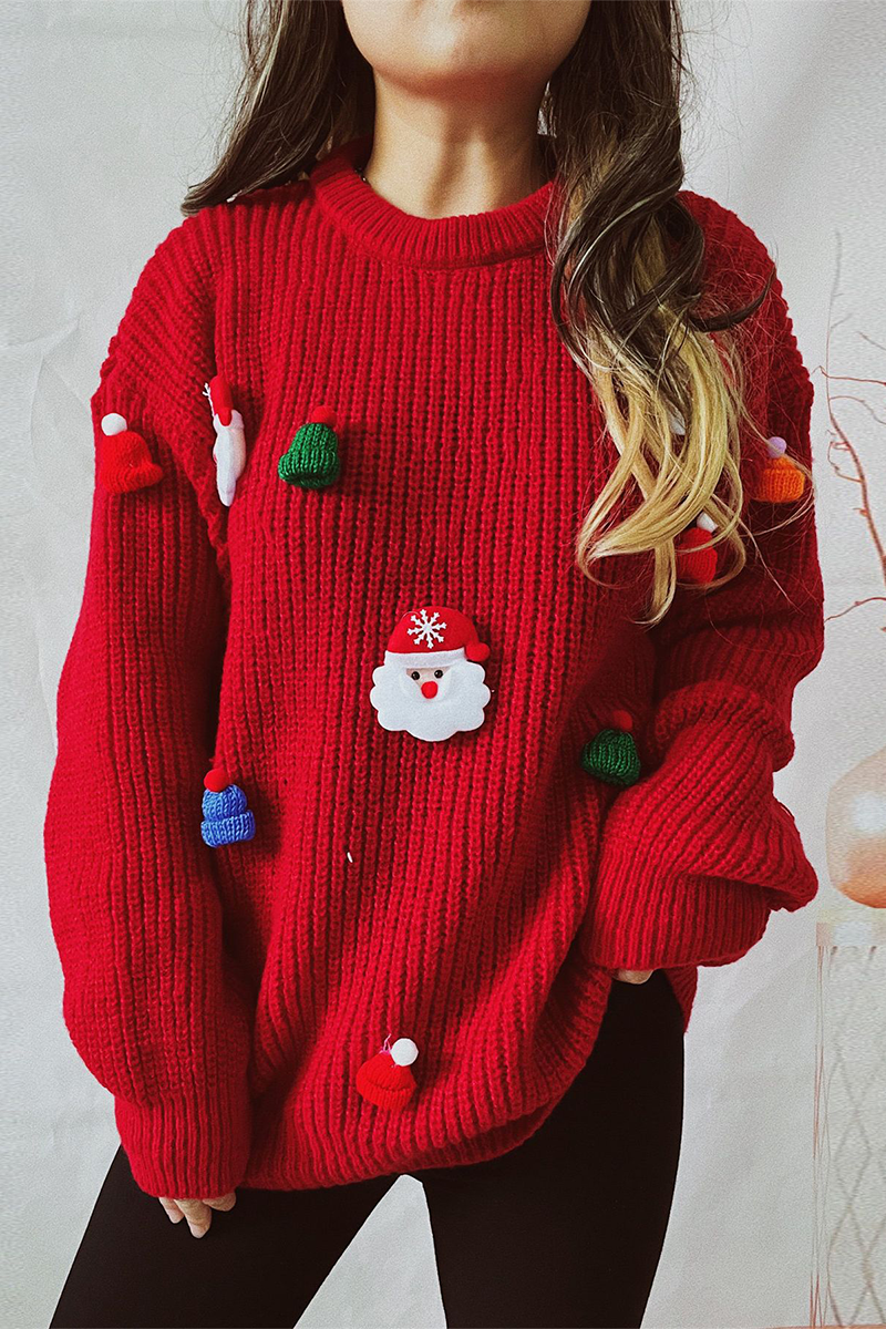 Christmas Sweater Casual Round Neck Hat Tree Design