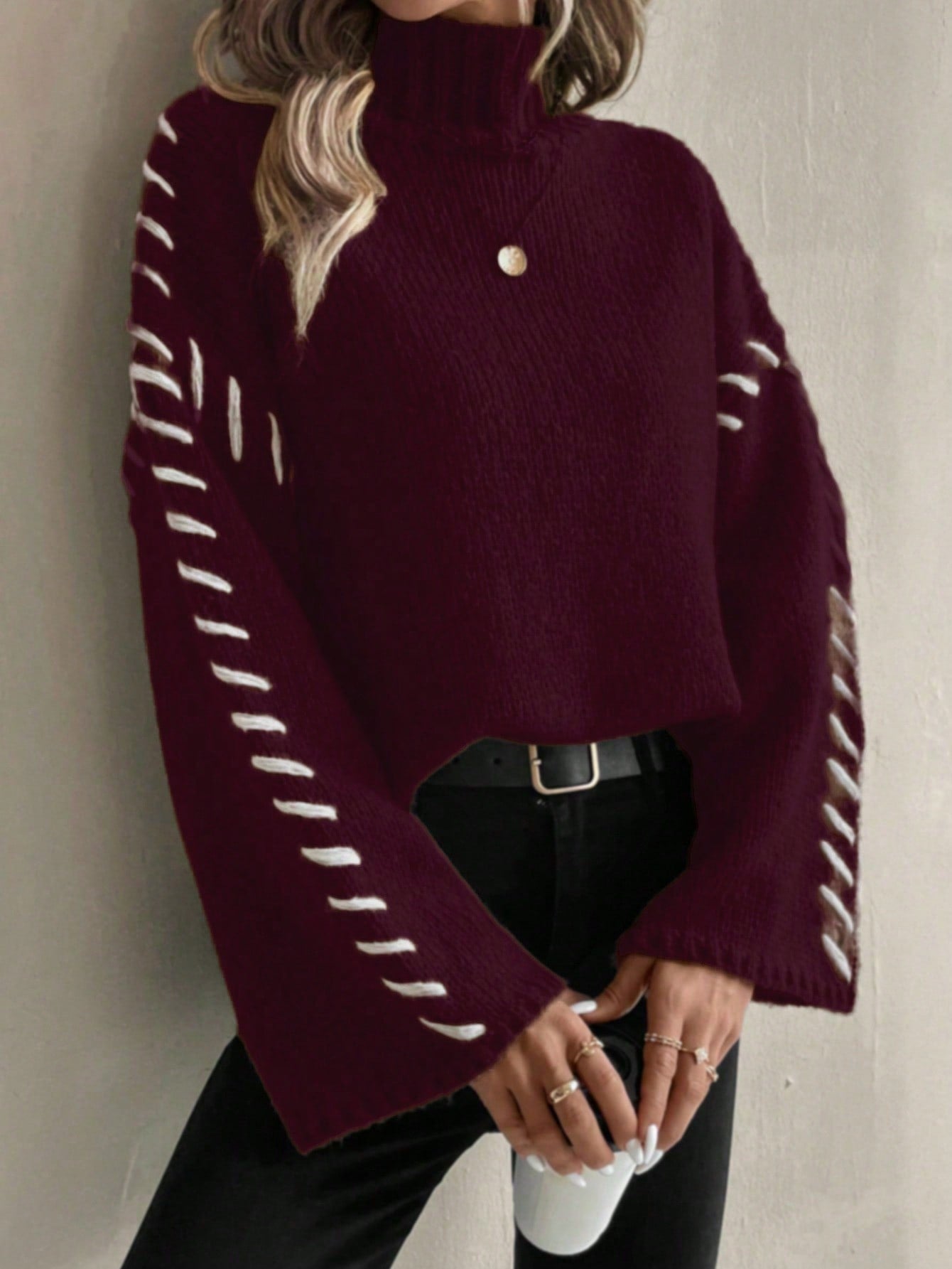 Women's Knitted Jumper Colourful Patchwork Turtleneck Model