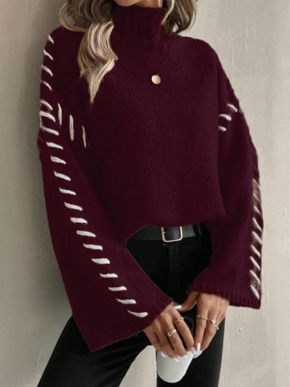Women's Knitted Jumper Colourful Patchwork Turtleneck Model