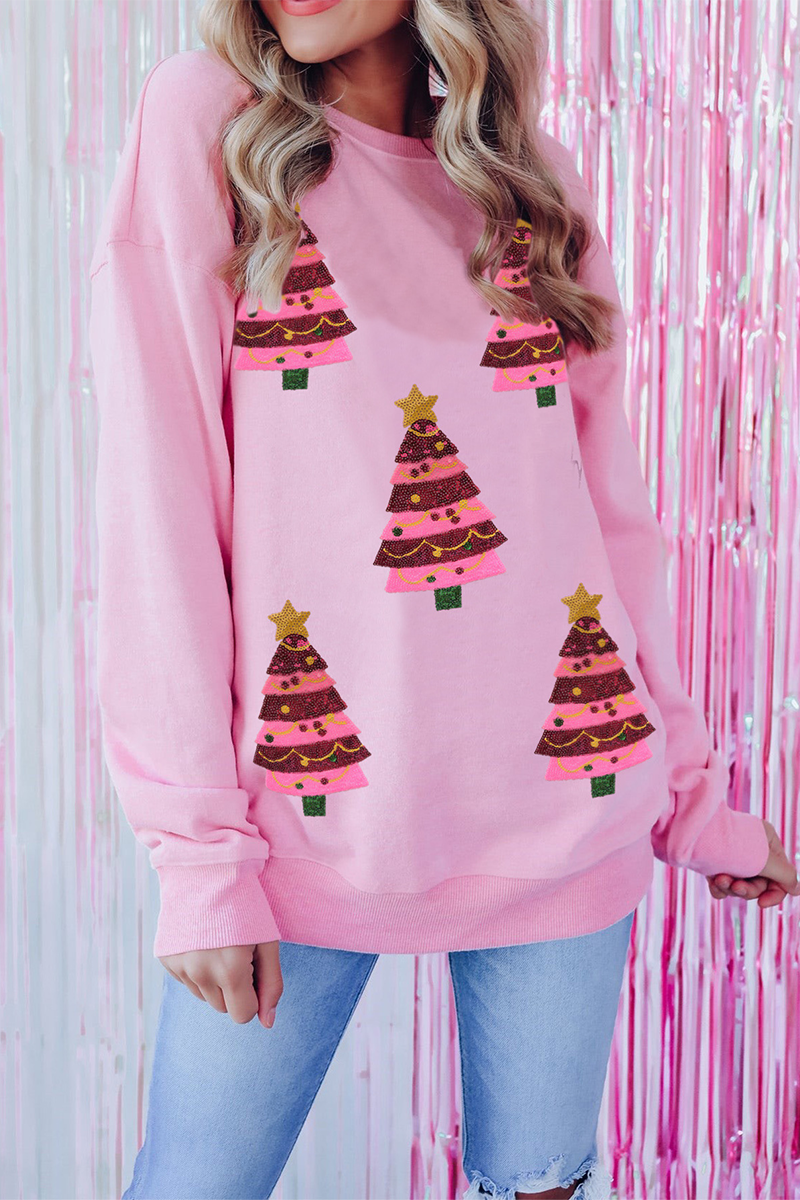 Christmas Sweatshirt Embroidered Glitter Round Neck