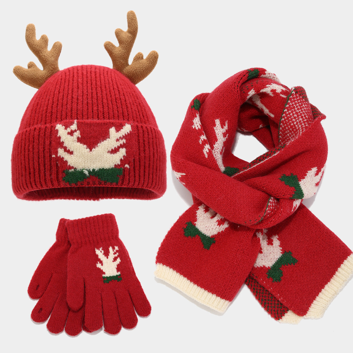 Christmas Scarf Set Reindeer Hat Gloves 3-piece