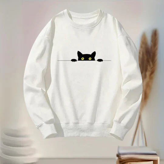Katie - Women's Sweatshirt Cat Motif Black Soft