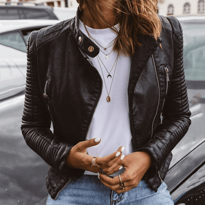 Women's Leather Jacket Slim Fit Stand-up Collar Black