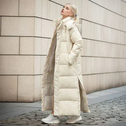 Women's Long Winter Down Coat - Warm & Comfortable Hooded