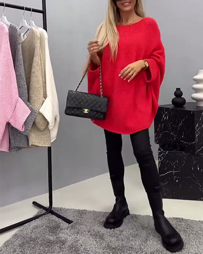 Elegant Women's Round Neck Batwing Sleeve Solid Color Sweater