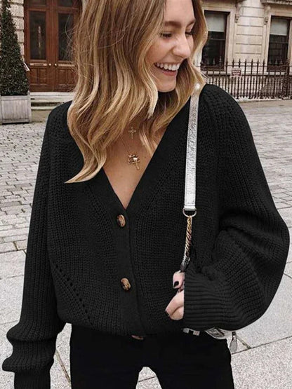Women's Cardigan with Openwork Pattern and Puff Sleeves