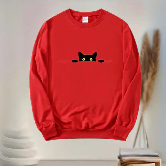 Katie - Women's Sweatshirt Cat Motif Black Soft