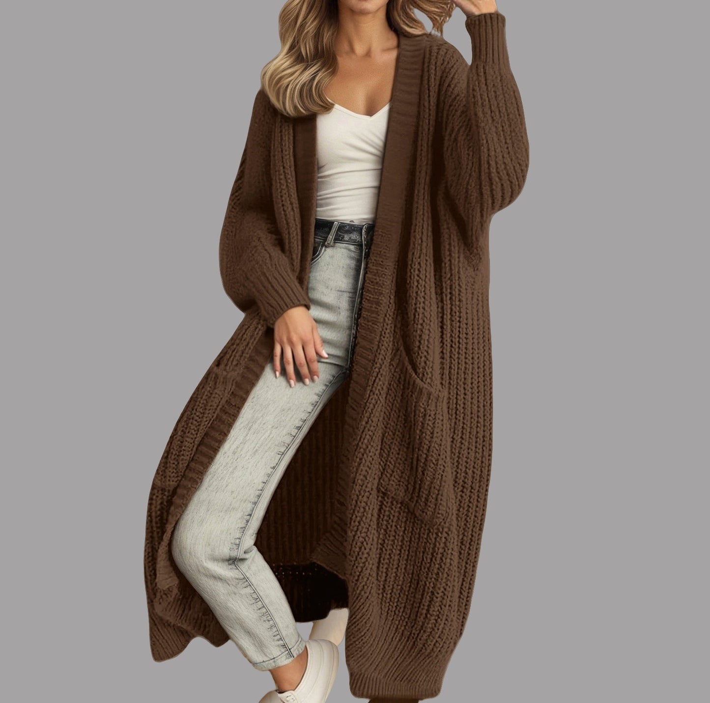 Women's Knitted Cardigan Soft Belt Pockets Practical