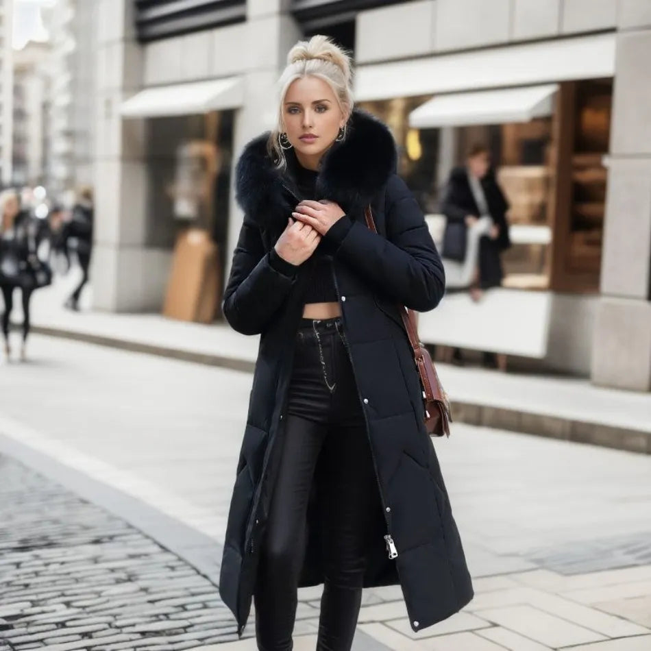 Women's Long Down Coat with Collar, Warm, Elegant