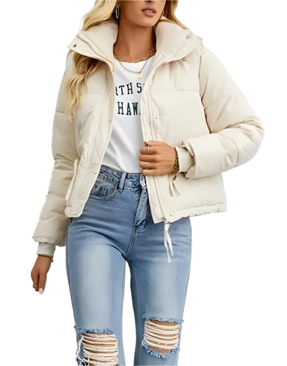 Women's Warm Puffer Jacket with Zipper and High Collar → Women's Warm Insulated Modern Winter Jacket