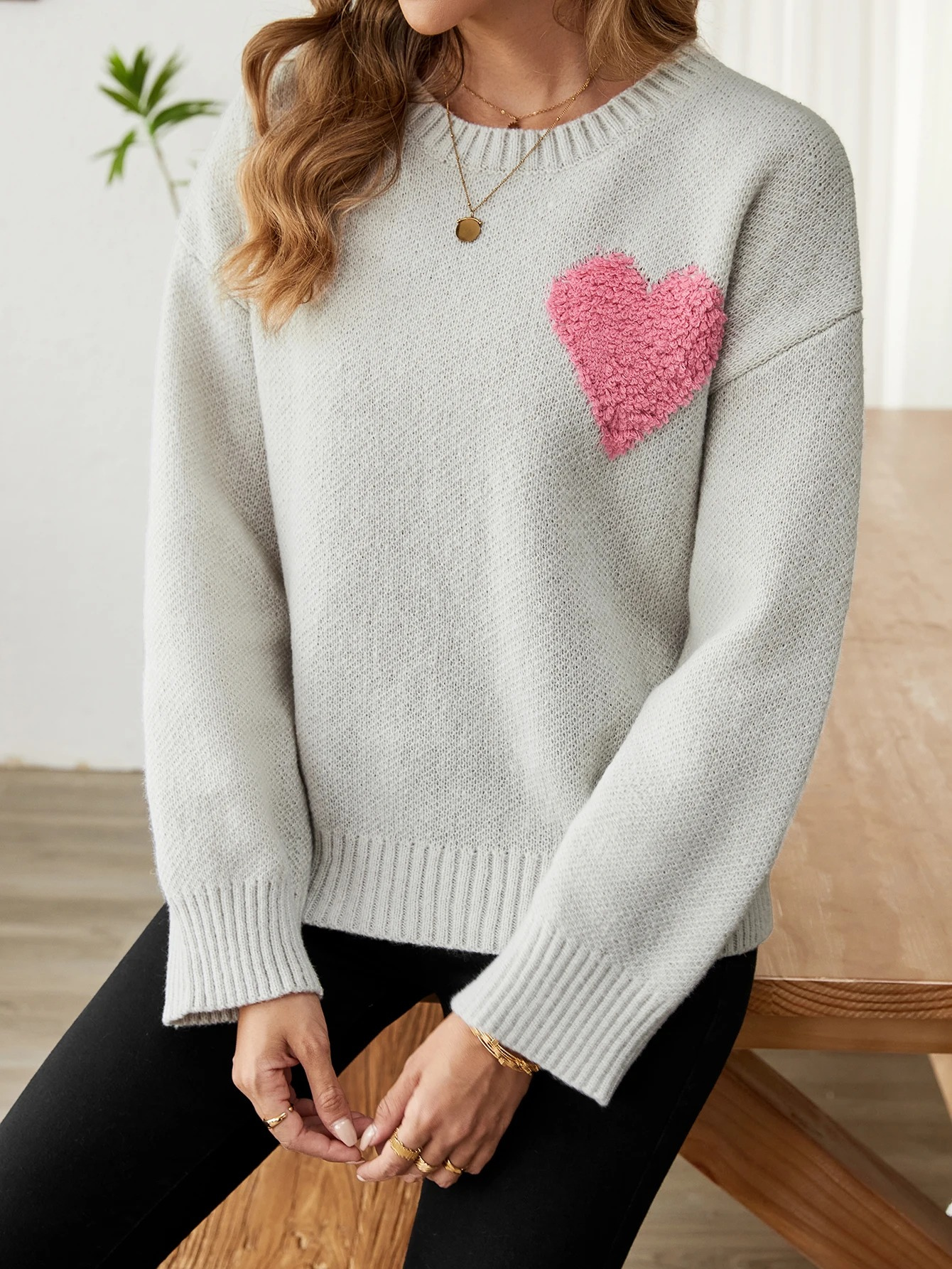 Cozy Knitted Sweater Heart Design Women's Sweater