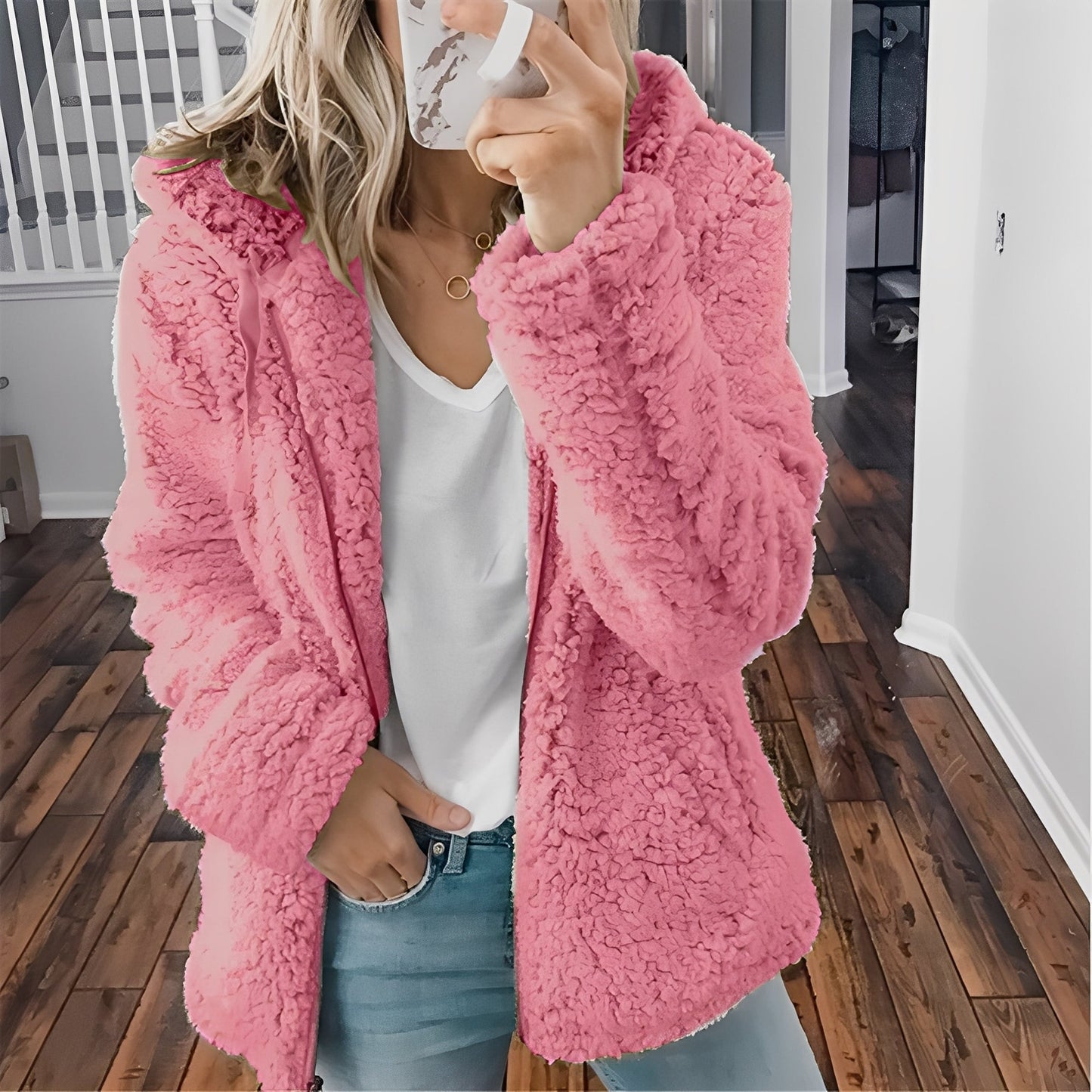 Damen Wolljacke Kapuze Warm