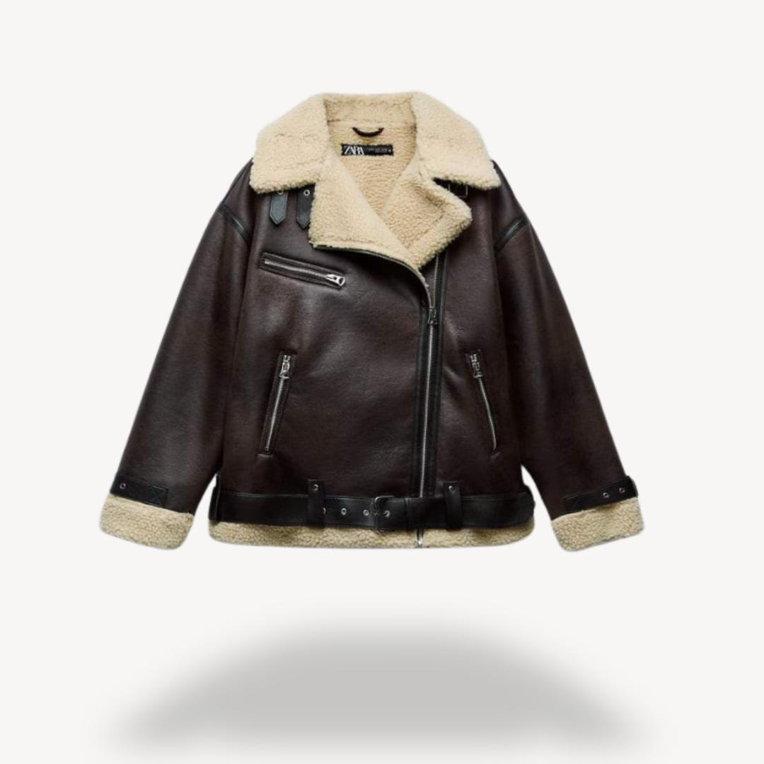 Women's Trendy Biker Style Shearling Leather Jacket