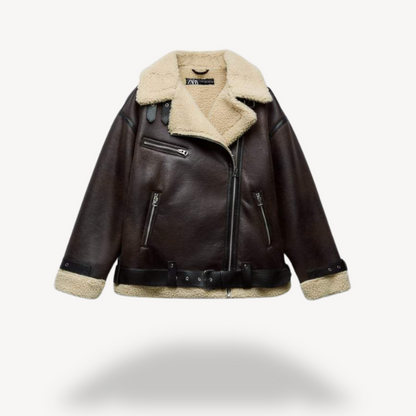 Women's Trendy Biker Style Shearling Leather Jacket