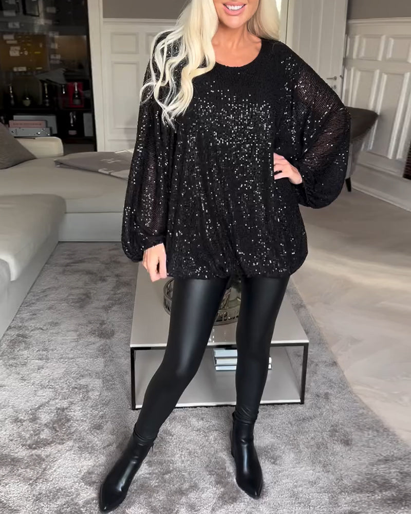 Women's round neck top with puff sleeves