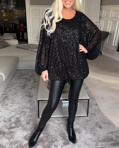 Women's round neck top with puff sleeves