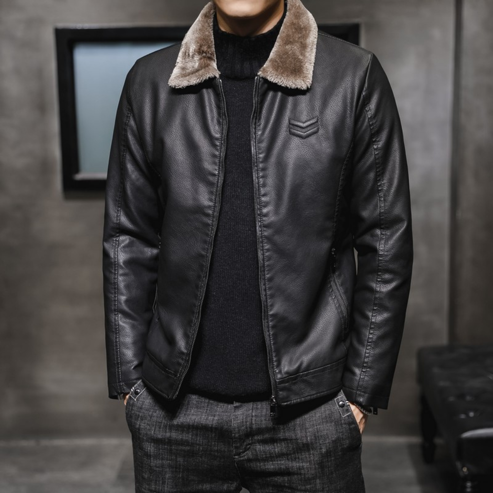 Men's Leather Jacket Fleece Collar Style