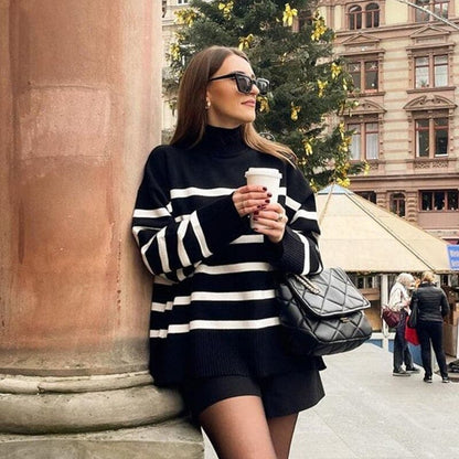 Fashionable Pullover Wide Stripes Stand-up Collar