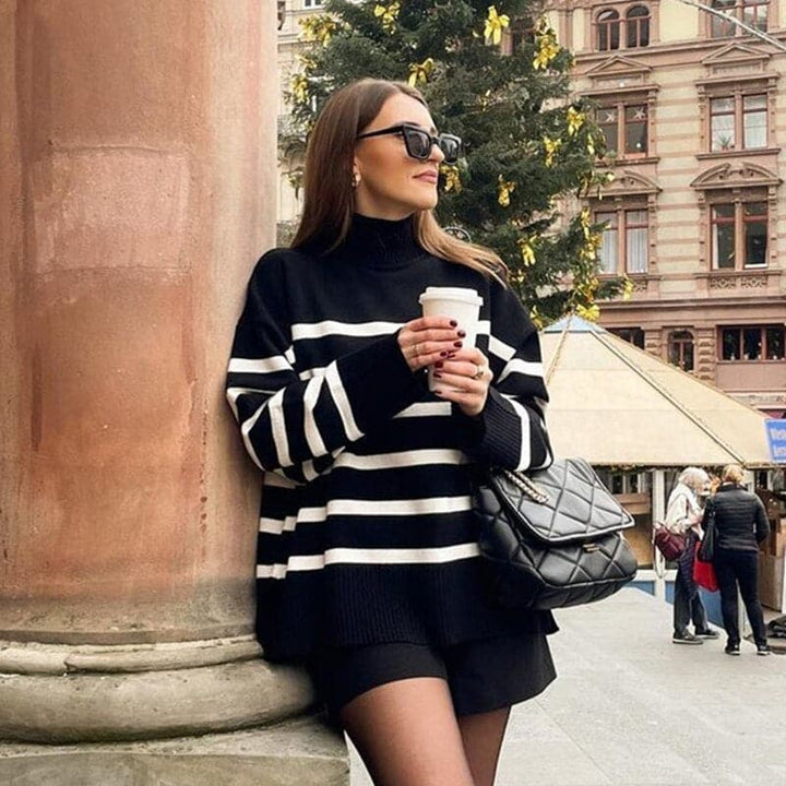 Fashionable Pullover Wide Stripes Stand-up Collar
