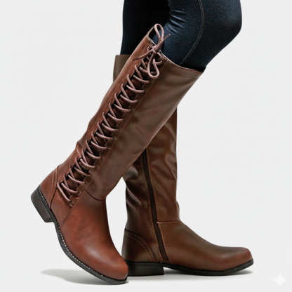 Knee-high faux leather boots with criss-cross lacing