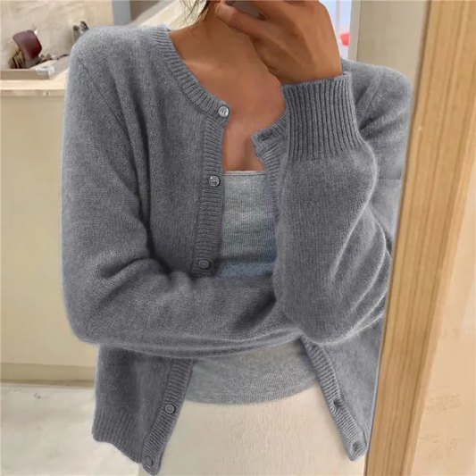 Damen Strickjacke Rundhals Elegant Langarm - IdealeKleiden