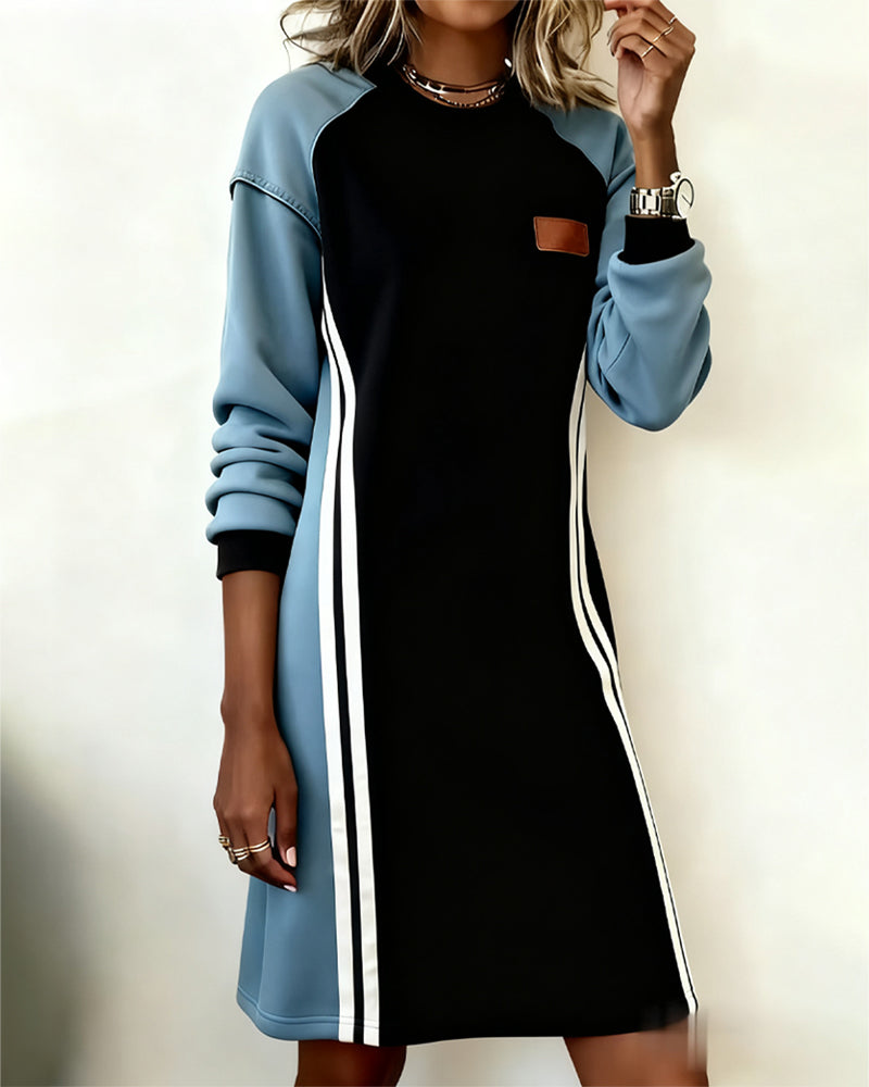 Fashionable Color Block Round Neck Long Sleeve Dress