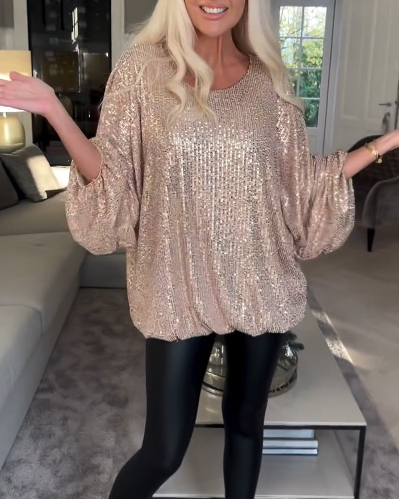 Women's round neck top with puff sleeves