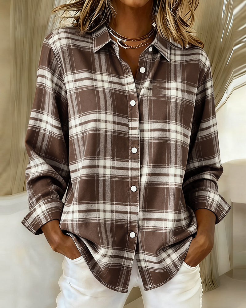 Elegant Blouse Plaid Pattern Crew Neck