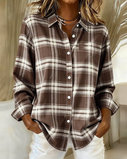 Elegant Blouse Plaid Pattern Crew Neck