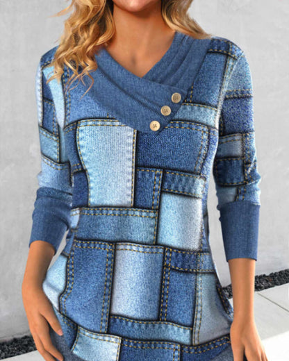 Checked Women's Blouse Slanted Collar Chic