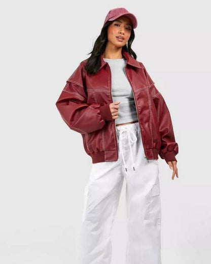Leder-Bomberjacke Damen Elegant Schwarz - IdealeKleiden