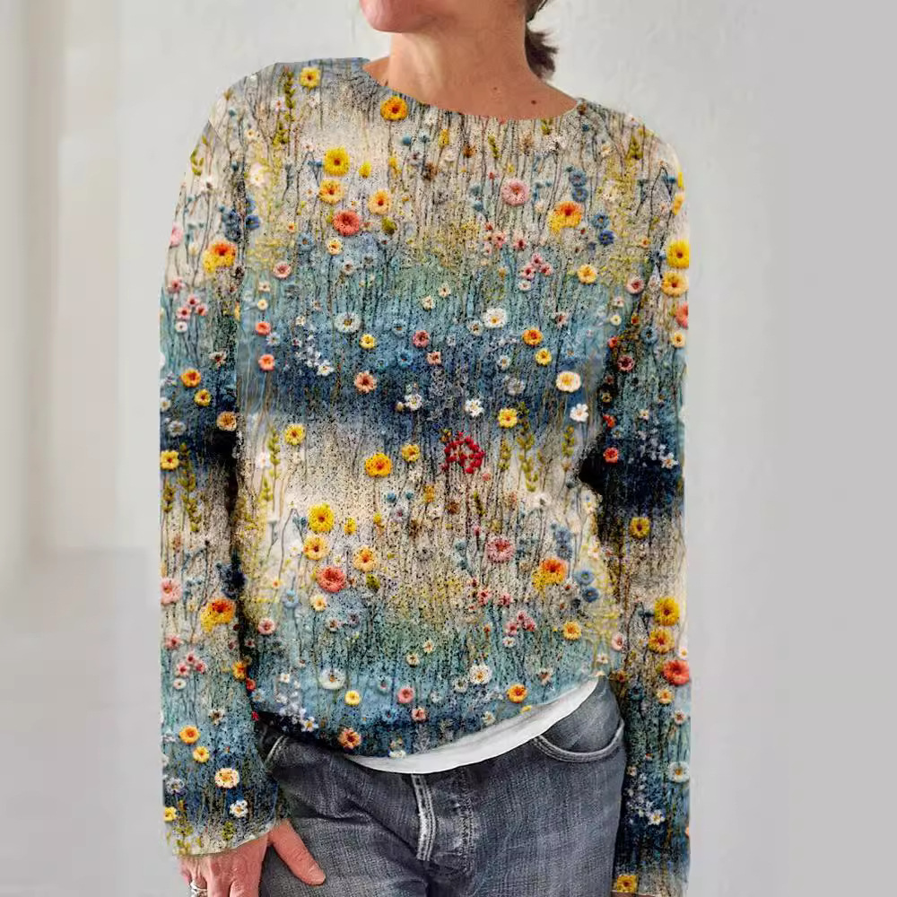 Blumenpullover Damen Rundhals Elegant - IdealeKleiden