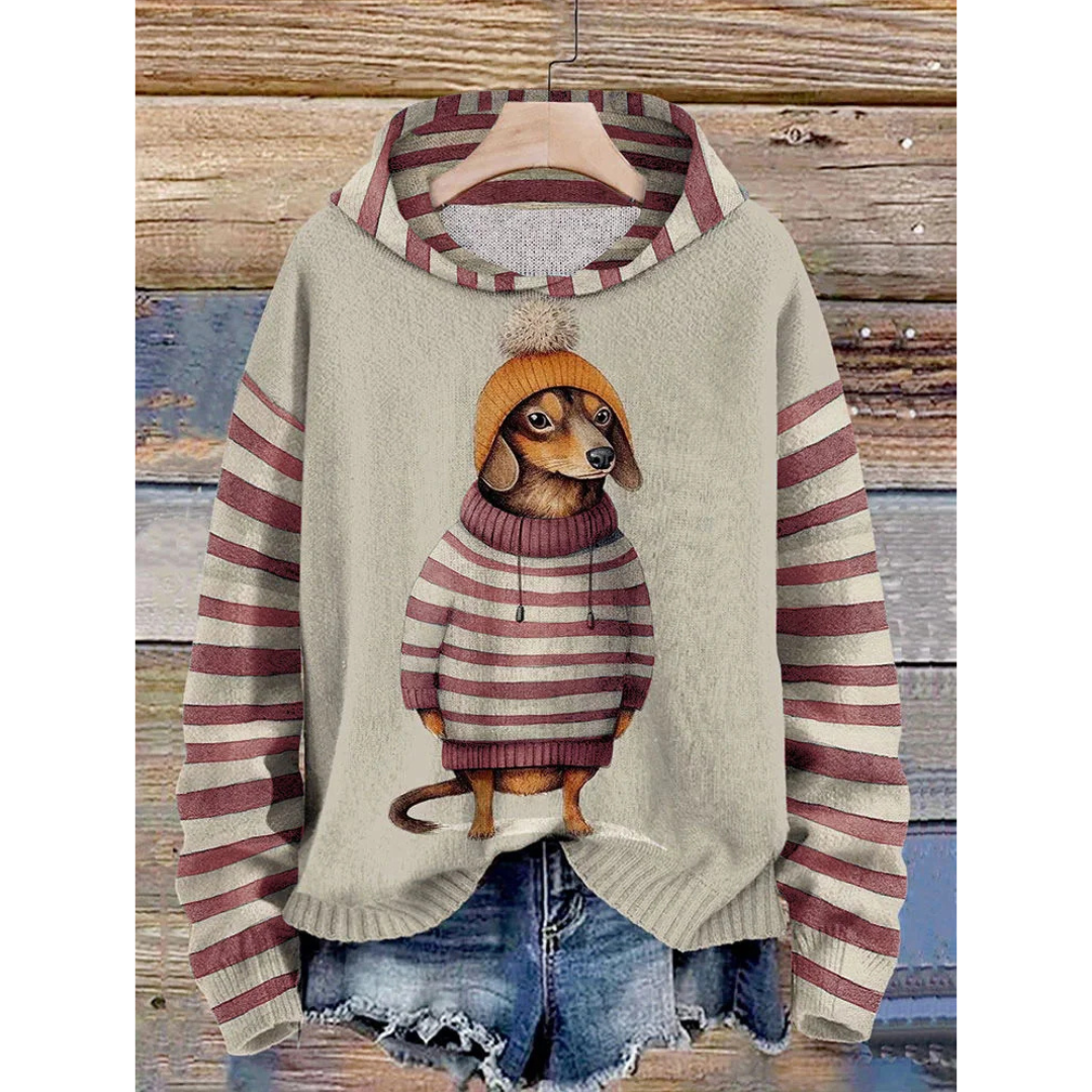 Women's Fleece Pullover Dog Motif Soft Lace-up