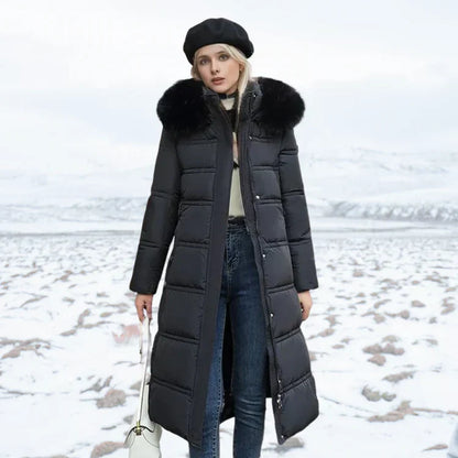 Elegant Women's Long Slim Fit Jacket with Fur Detail