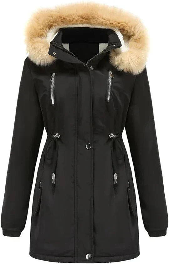 Langer Wintermantel mit Kapuze Kunstfell Fleece - IdealeKleiden