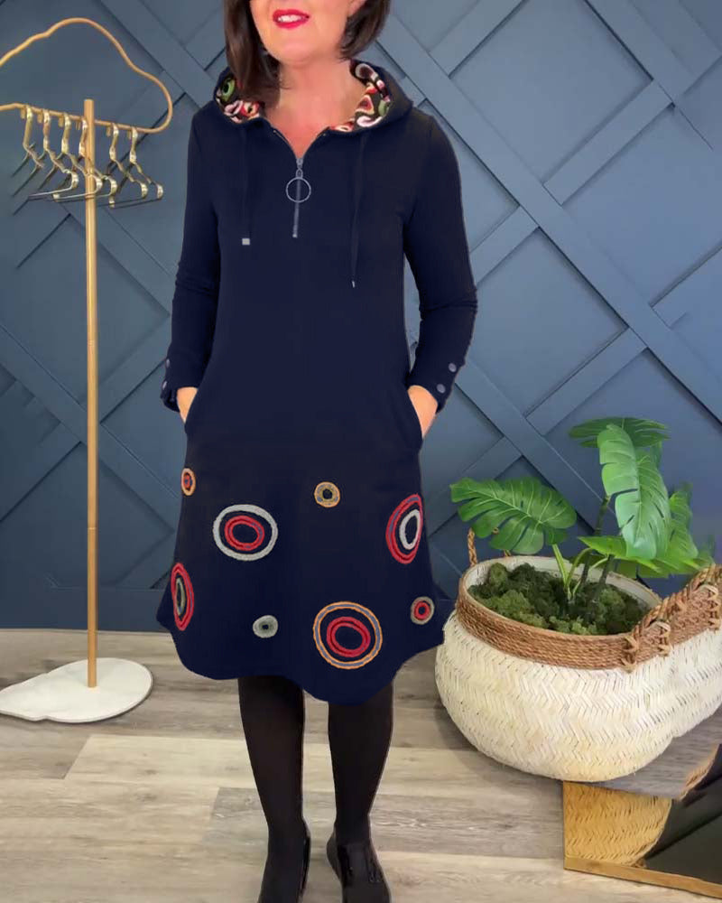 Fashionable Dress with Circle Pattern & Hood