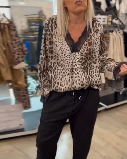 Women's Leopard Blouse V-Neck Lace Floral Print